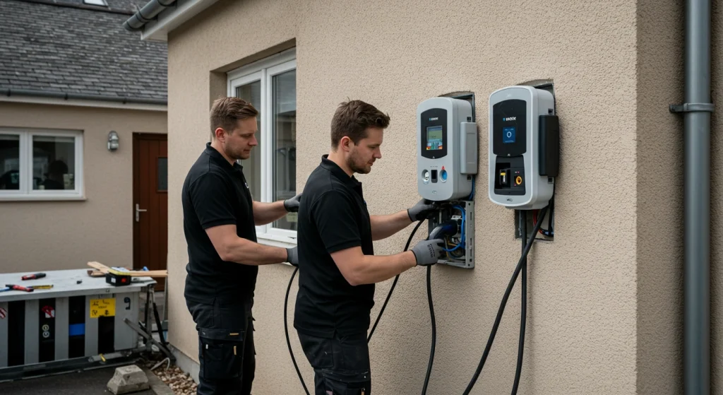 Technicians wiring dual EV charging stations on house exterior