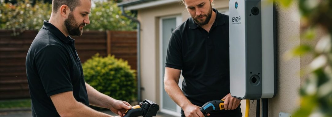 Two EV charger installers working on a wall-mounted home charger