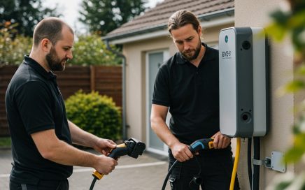 Two EV charger installers working on a wall-mounted home charger
