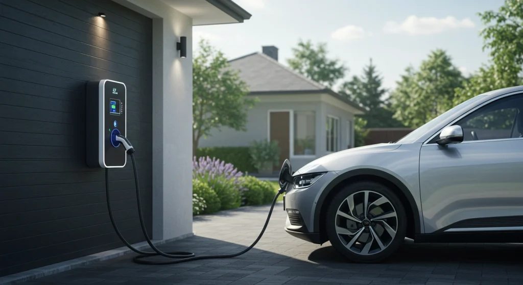 Electric vehicle connected to a modern wall-mounted EV charger at home
