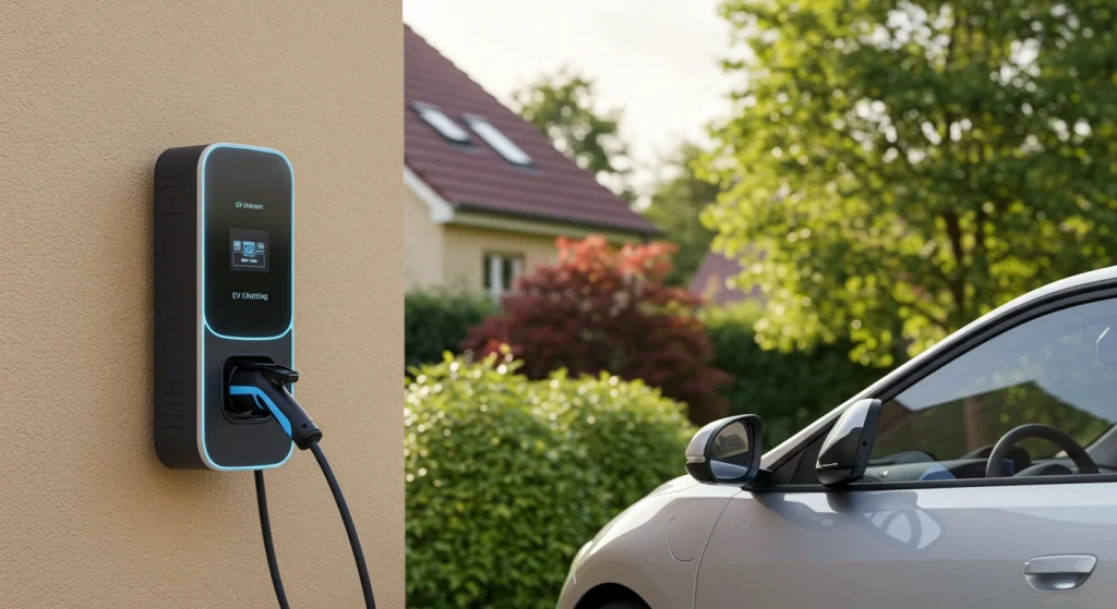 Wall-mounted EV charger connected to car outside suburban home