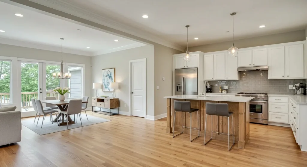 Bright open kitchen and dining area with pendant lighting and recessed fixtures